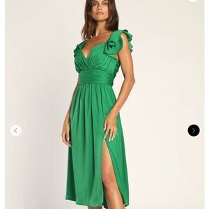 Lulus Regal Ruffles Green Satin Flutter Sleeve Midi Dress Green Size XS